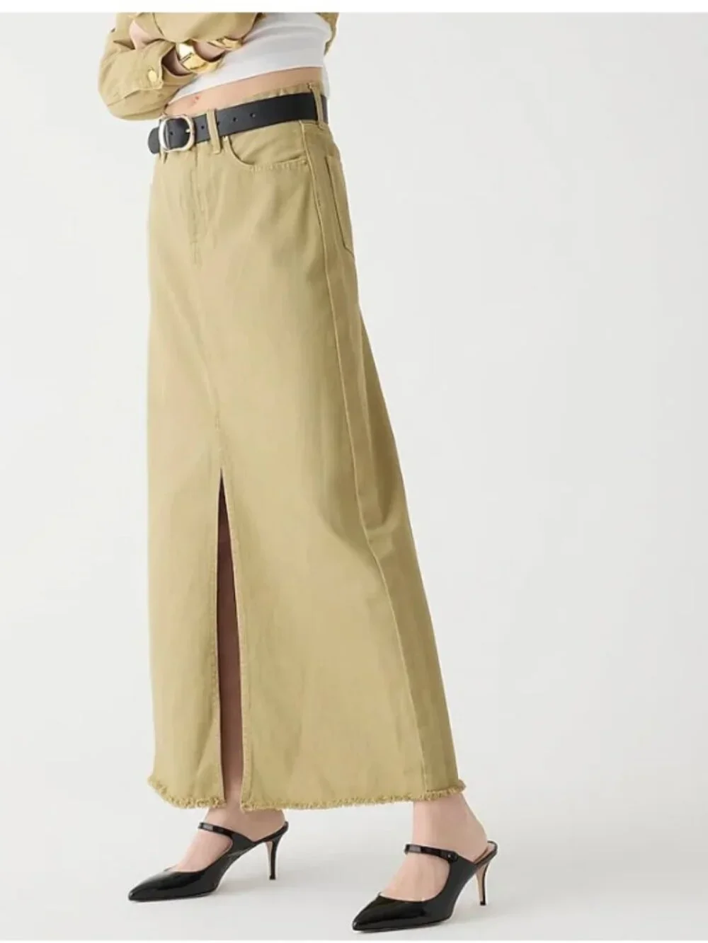 J. Crew Classic Denim Maxi Skirt in Khaki Women's 27 BZ160 Utilitarian